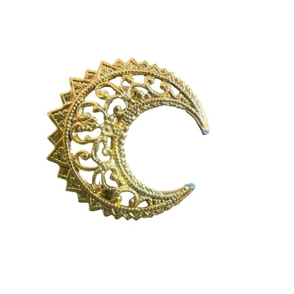 Crescent Moon Shaped Filagree Gold Tone Small Brooch Vintage Elegant - Picture 5 of 9